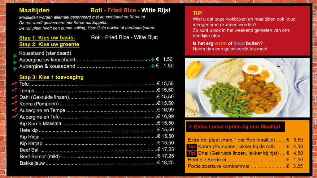surinaamse roti maaltijden, witte rijst en fried rice